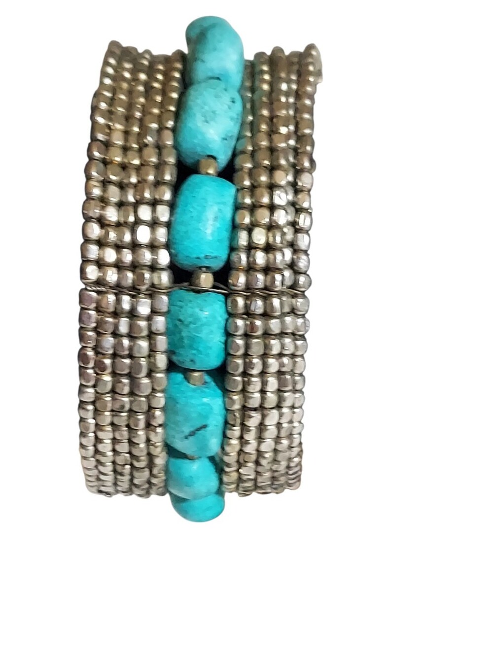 Silver Tone Turquoise Beaded Cuff Bracelet Boho Western Southwestern Statement